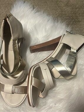 Coach Cream and Metallic Gold Strappy High Heel Sandals